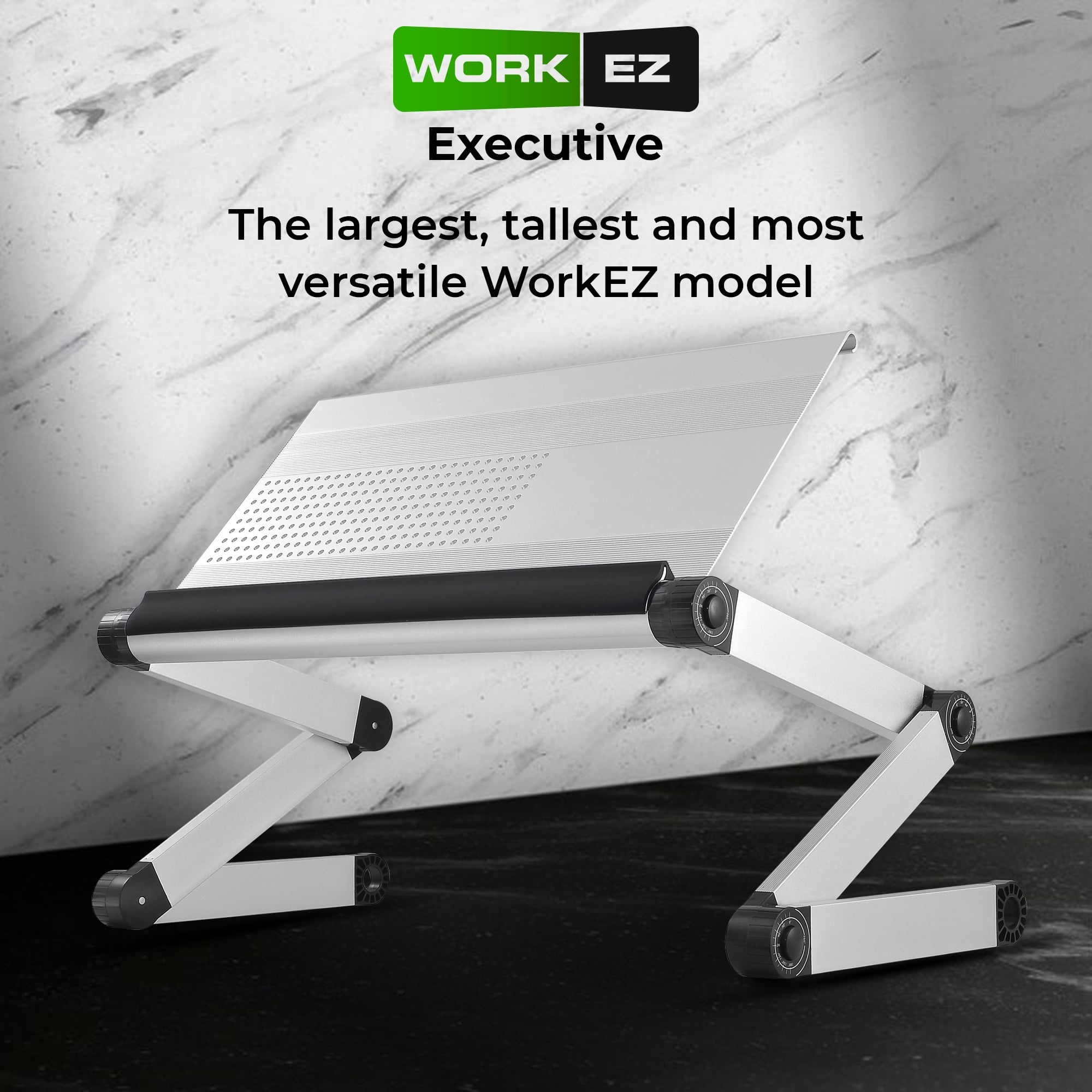 Adjustable Laptop Stand for Desk and Bed – WorkEZ Executive Aluminum Laptop Riser with Ergonomic Height & Tilt, Cooling Panel, and Portable Lap Desk Design