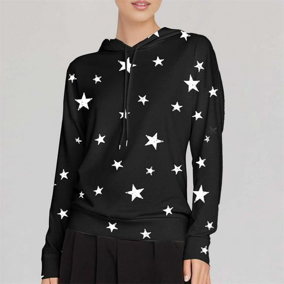 Black Womens Fall Tops Women Hoodie Star Print Loose Fit Sweatshirt Flexible Cozy Practical Trendy Sweaters for Women