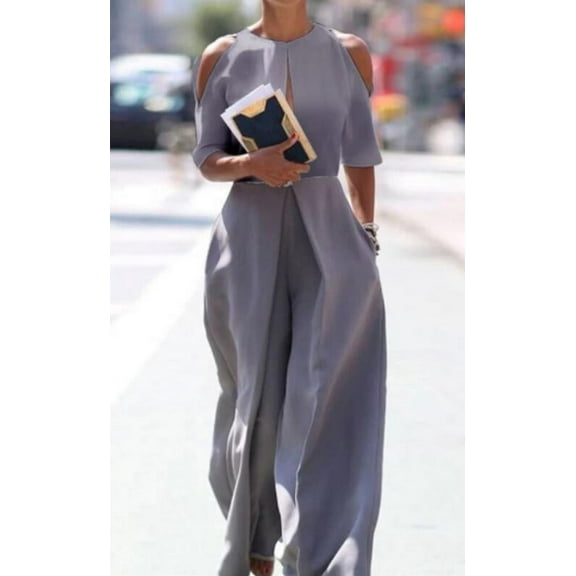 Rciityk Gray Rompers for Women Summer Short Sleeve Jumpsuit Casual Soild Color Straight Wide Leg Pants Overalls Jumpsuit with Pockets