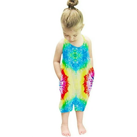 

CenturyX Infant Baby Girls Tie-dye Romper Summer Sleeveless Halter Backless Jumpsuit One-piece Playsuit with Pockets Blue 5 Years