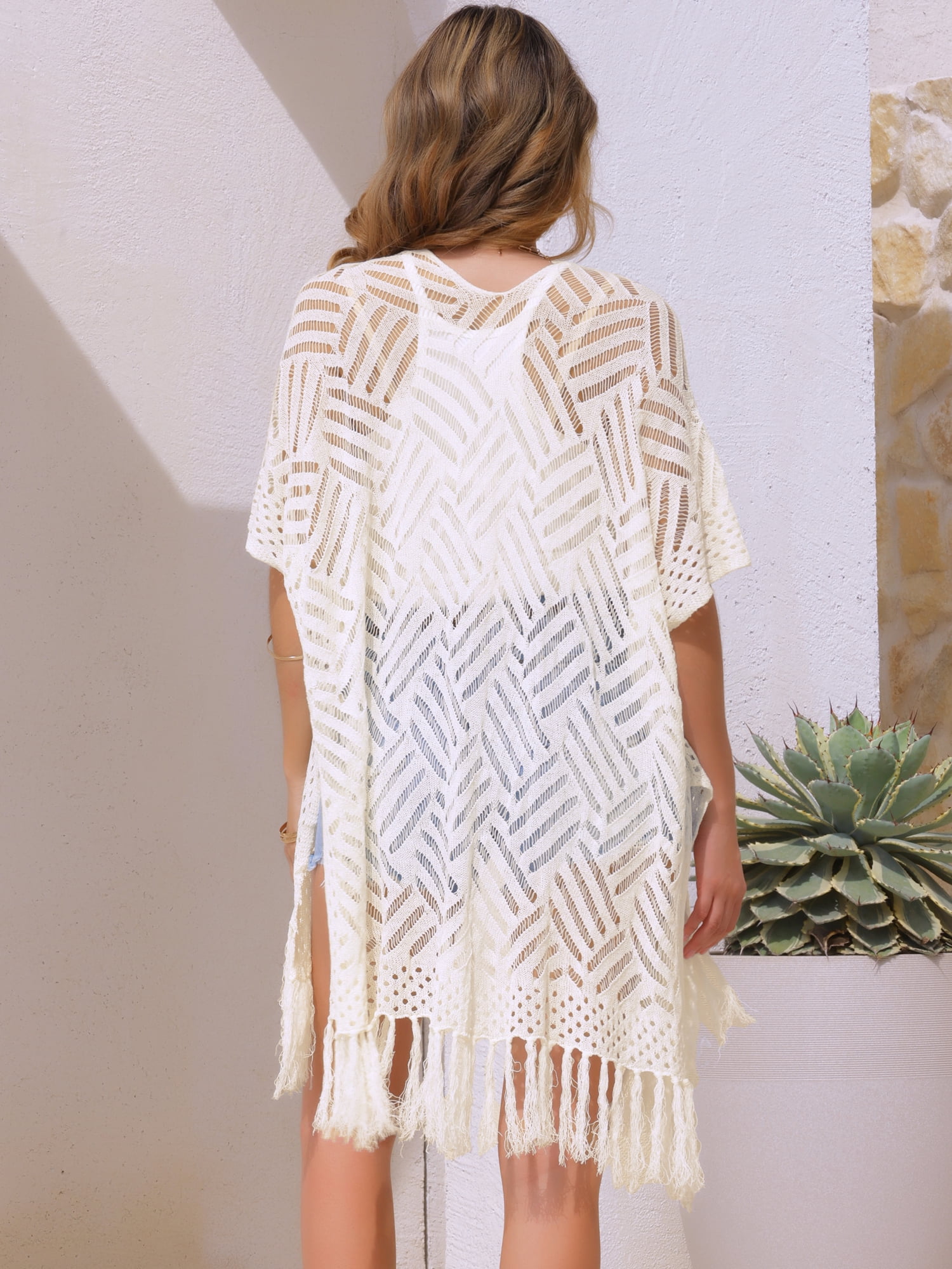 DARING DIVA Crochet Short Sleeve Open Front Lightweight Boho Cardigan M White