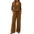 thumbnail image 4 of Lekode Womens Linen Set Roll-up Sleeve Top Boho Matching Wide Leg Lounge Pants Simple 2 Piece Set Linen Loungewear Sets Cotton Linen Lounge Set Summer Vacation Clothes Fashion Outfits Brown 5xl, 4 of 7
