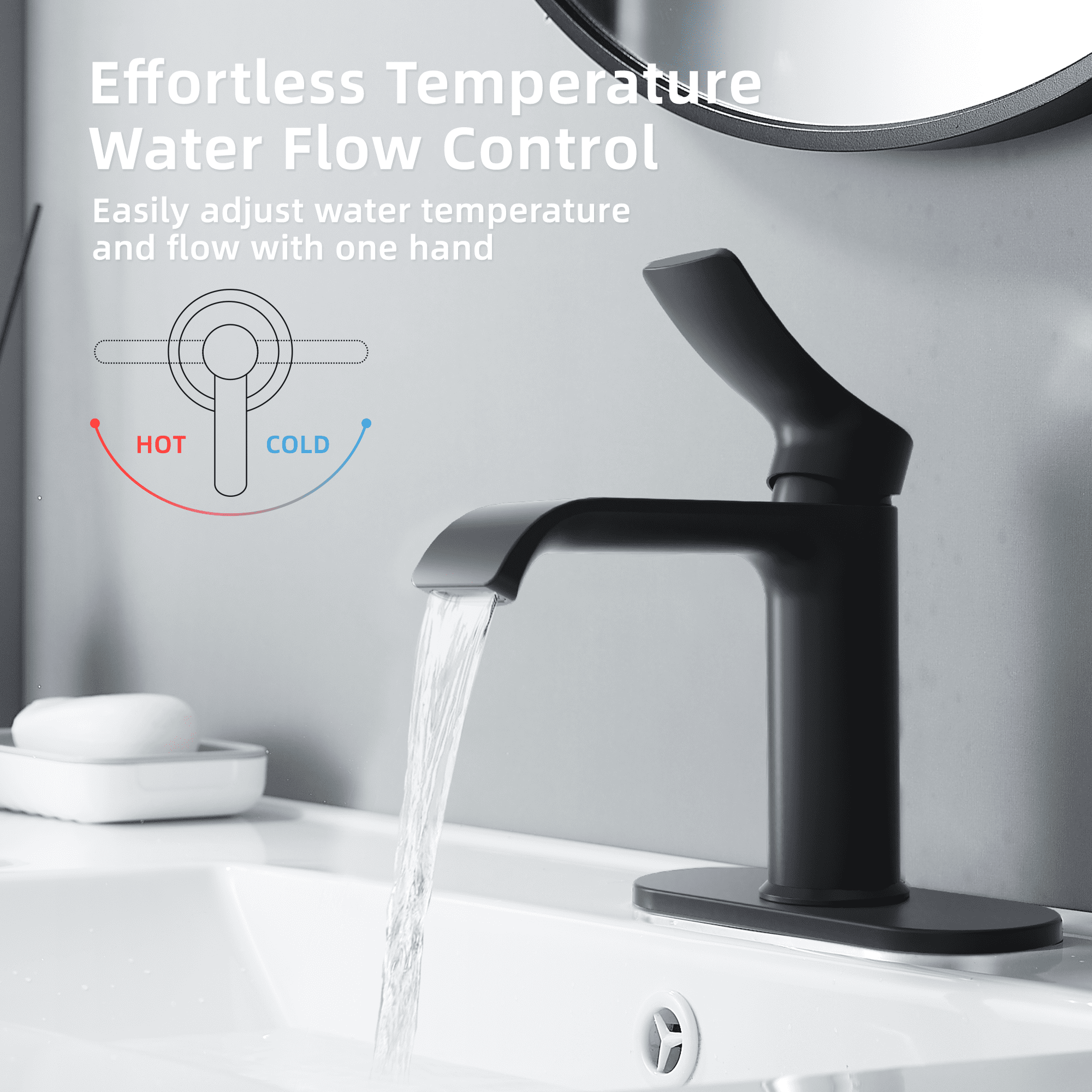 BELZ Bathroom Faucet Waterfall Spout Bathroom Sink Faucet with Single Handle with Pop Up Drain and Deck Plate Suitable for 1 or 3 Holes,Brushed Steel