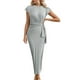 thumbnail image 1 of Vestido largo de manga corta y cuello redondo para mujer - Vestido largo de verano ligero de color liso - S-XL, 1 of 5