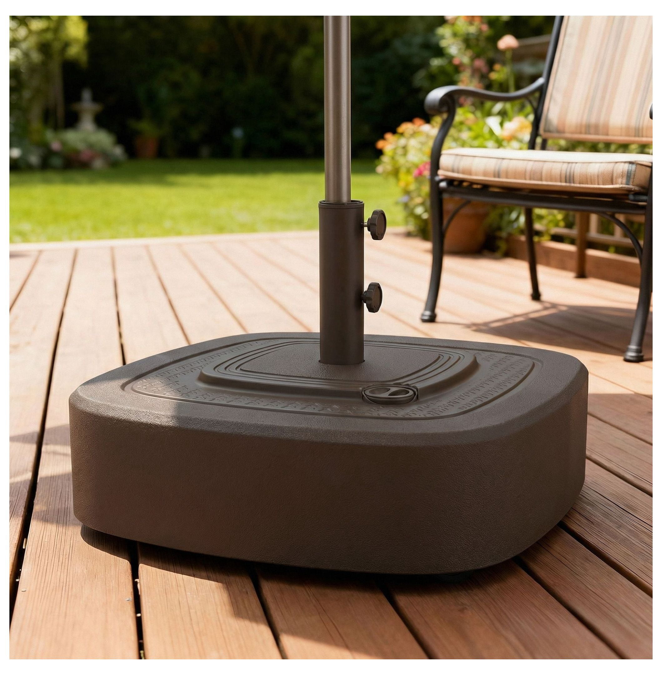 Patio Umbrella Base Outdoor with Wheels - 1.5"/1.9" Pole Stand - 110lbs Capacity - Heavy Duty HDPE & Steel - Brown Woodgrain Finish