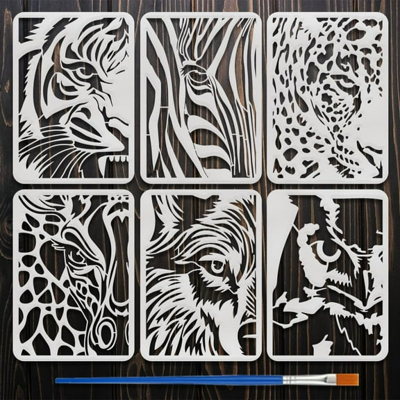 6 PCS Peep at The Animals Stencil with 1Pc Paint Brush 8.3x11.7inch Wild Animals Stencil Tigers Zebras Leopards Giraffes Wolves Owls Pattern Template