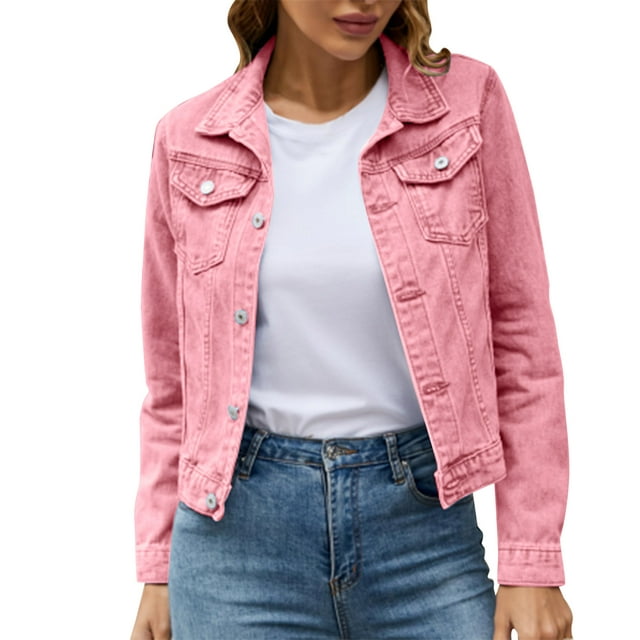 iOPQO womens sweaters Women's Basic Solid Color Button Down Denim Cotton Jacket With Pockets Denim Jacket Coat Women's Denim Jackets Pink S