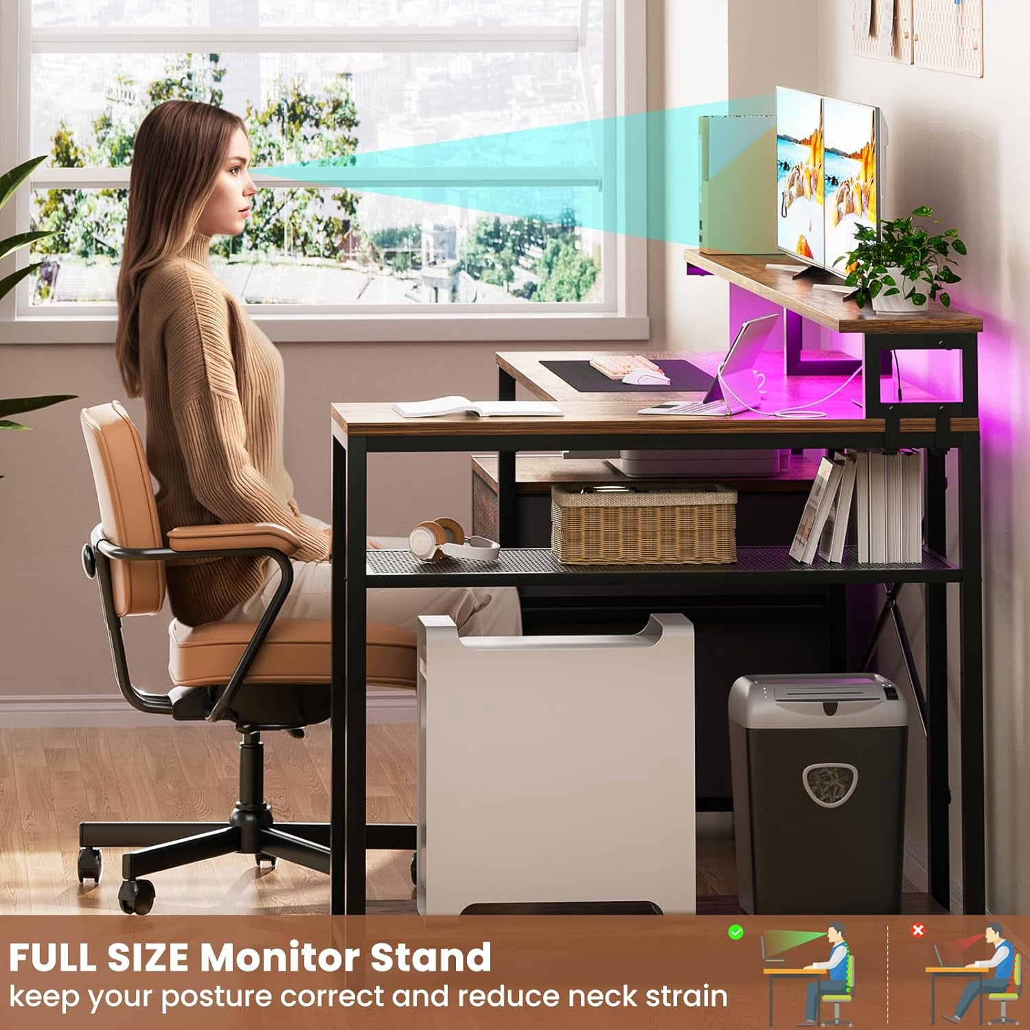 Homieasy L Shaped Desk with Drawer, Reversible L Shaped Gaming Desk with Power Outlet & LED Strip, Home Office Desk with Monitor Shelf, Corner Desk with Storage Shelves,Rustic Brown