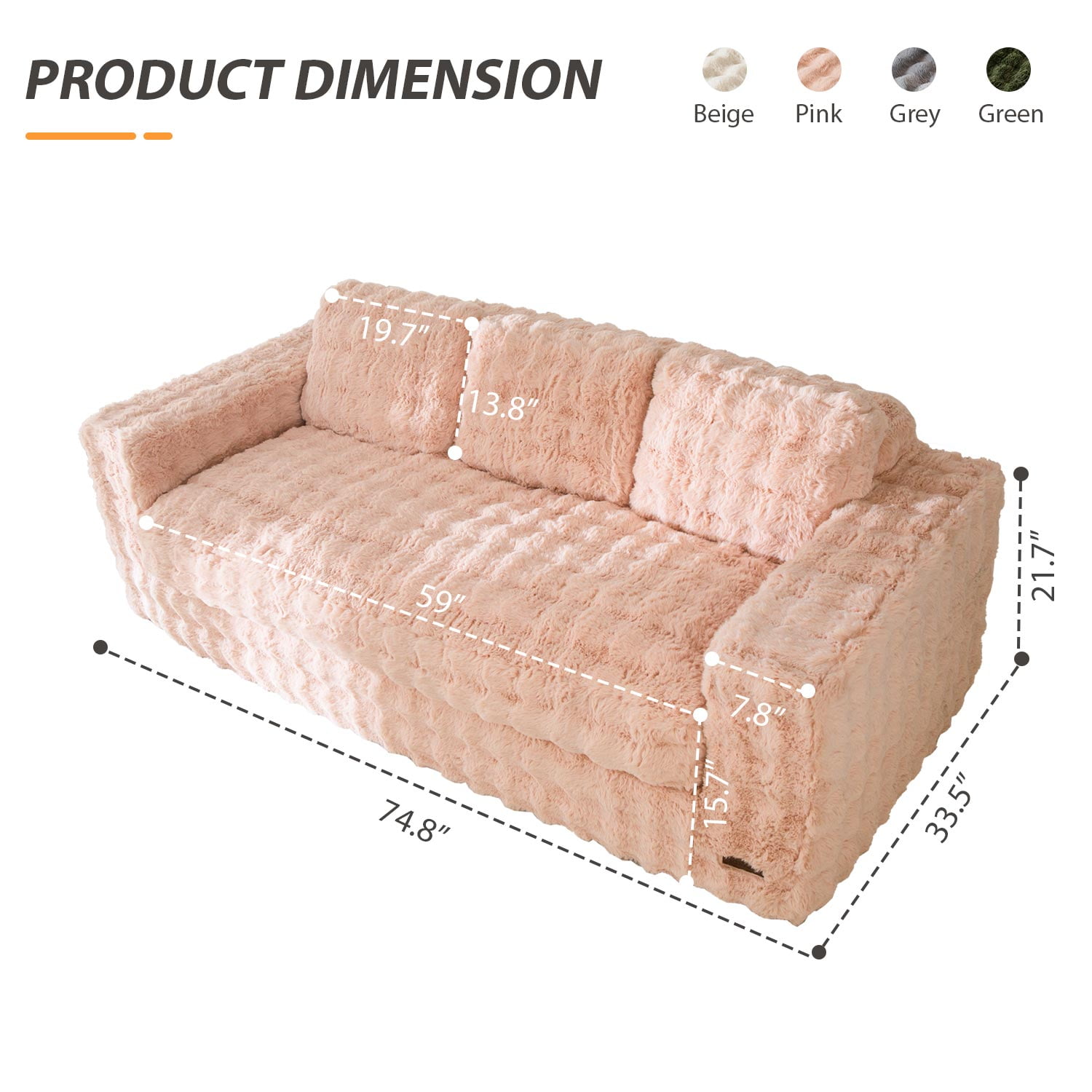 GOODONE 3 Seater Couch,Giant Bubbled Boneless Sofa Couch,Modern Comfy Floor Sofa with Armrests for Living Room and Apartments,No Assembly Required,Pink