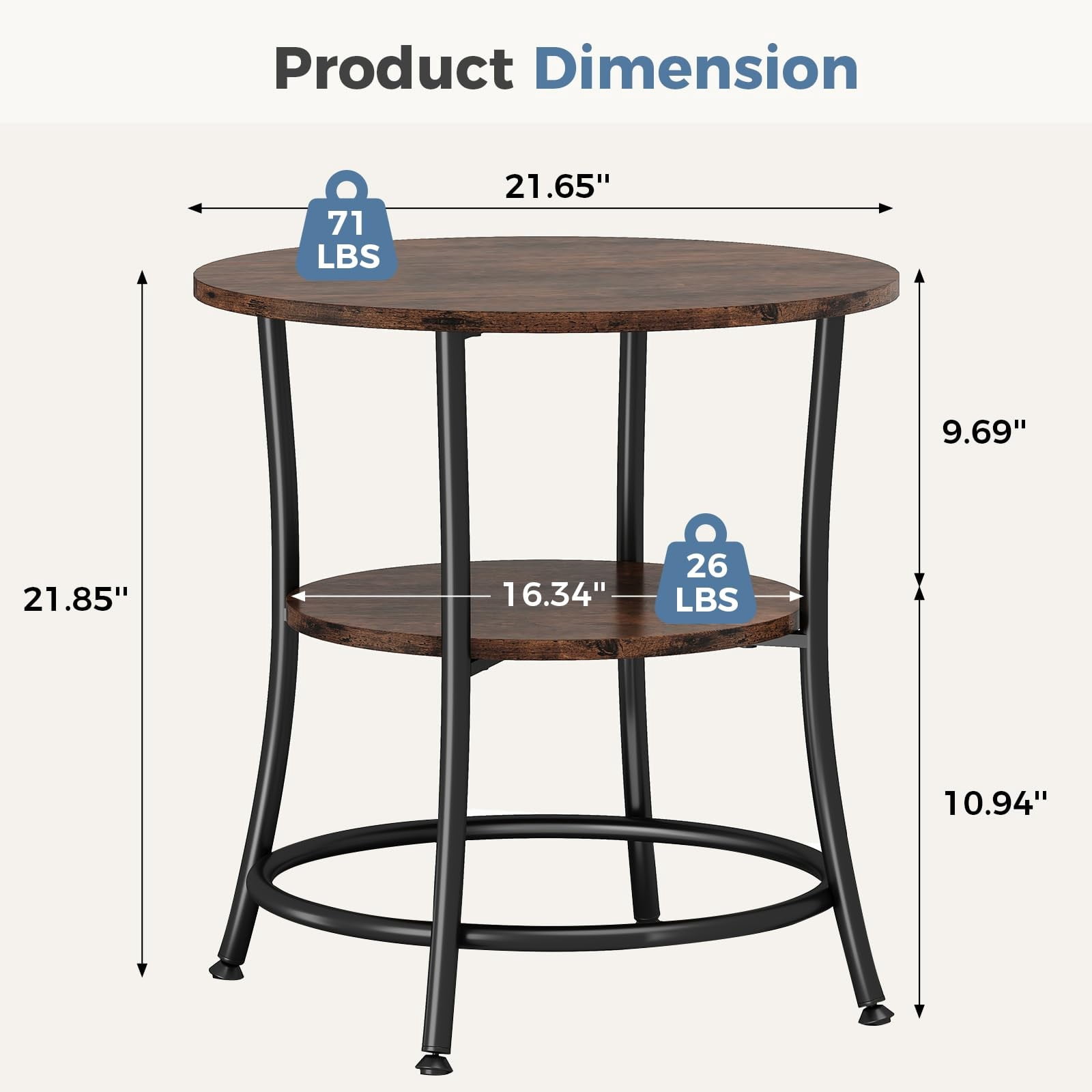 Telyra 2-Tier Round Side Table 21.8" End Table with Antiqued Wood Grain Top and Steel Base, Rust