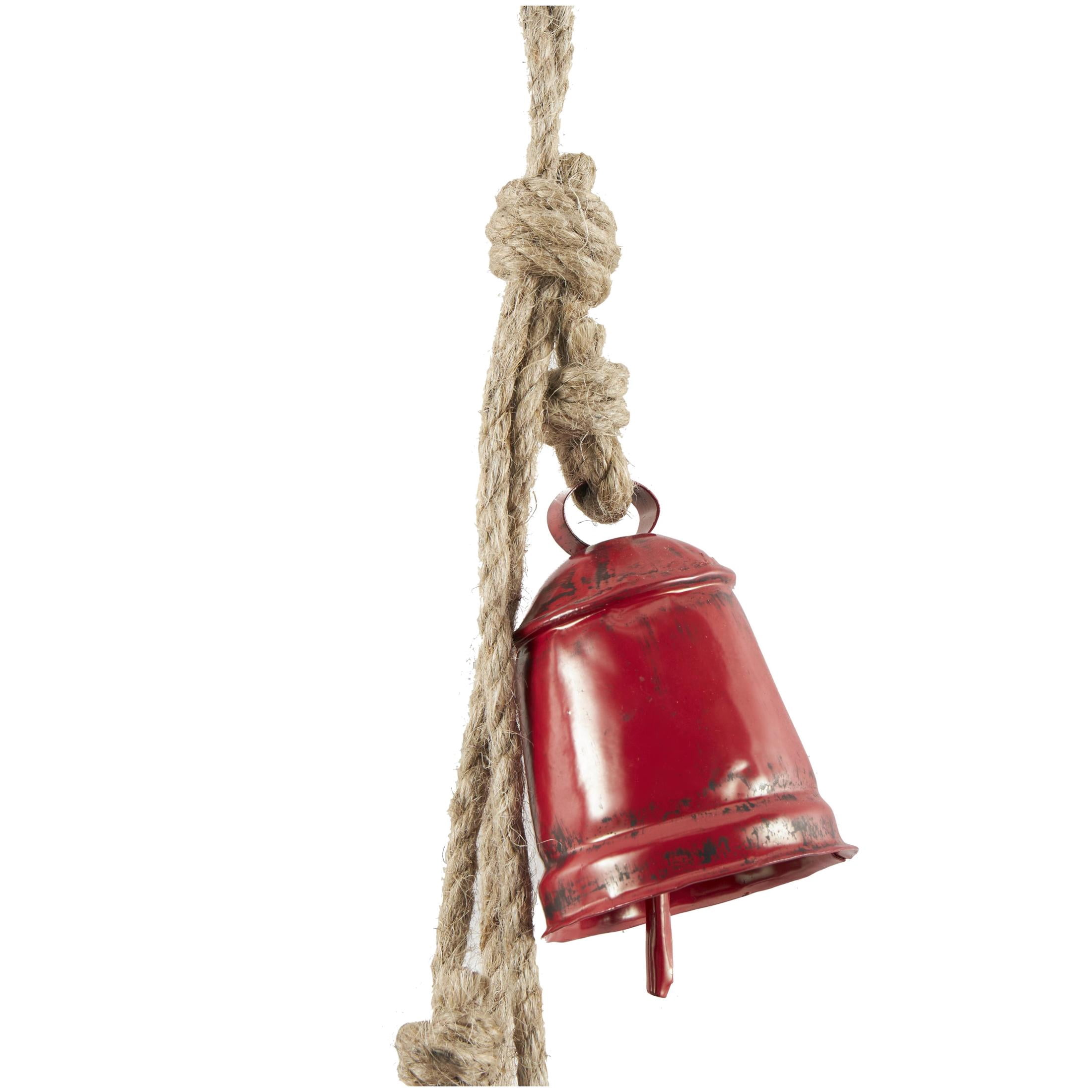 DecMode Tibetan Inspired Cascading Red Metal Cylindrical Decorative Cow Bells with 4 Bells on Jute Hanging Rope