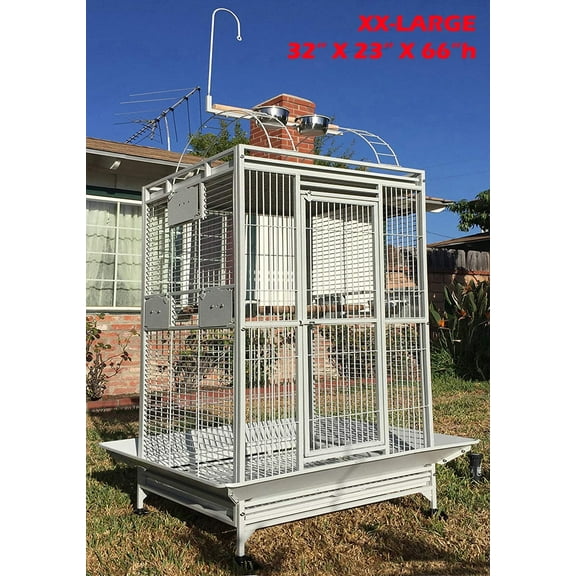 32"x23"x66"H, XX-LARGE Deluxe and Durable Wrought Iron Bird Parrot Open Play Top Perch Ladder Stand Rolling Cage With Seed Guards