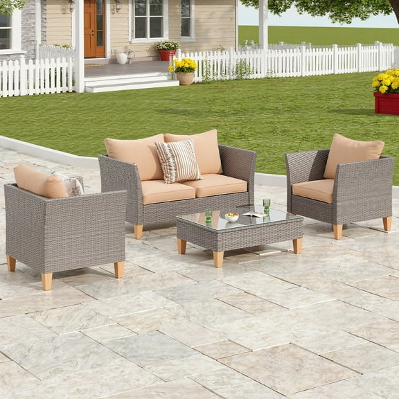MAYEERTY Rattan 4-Piece Patio Sofa Set, Oversized with 1 Coffee Table, 1 Double-Seater Sofa, 2 Single Seats