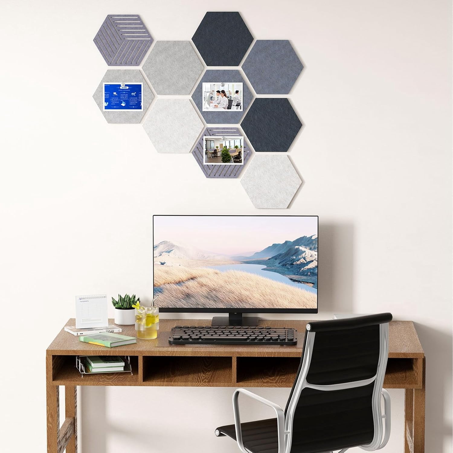 10PCS Hexagon Cork Boards for Walls Decor,12"*10.2" Felt Bulletin Board Tiles Sets Home Office Class Kitchen with 50 Push Pins,Self Adhesive DIY Pin Photos Memos