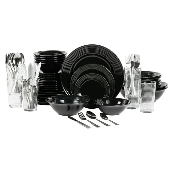 10 Strawberry Street Nova Black Round 62-Piece Stoneware Dinnerware Set, Service for 6