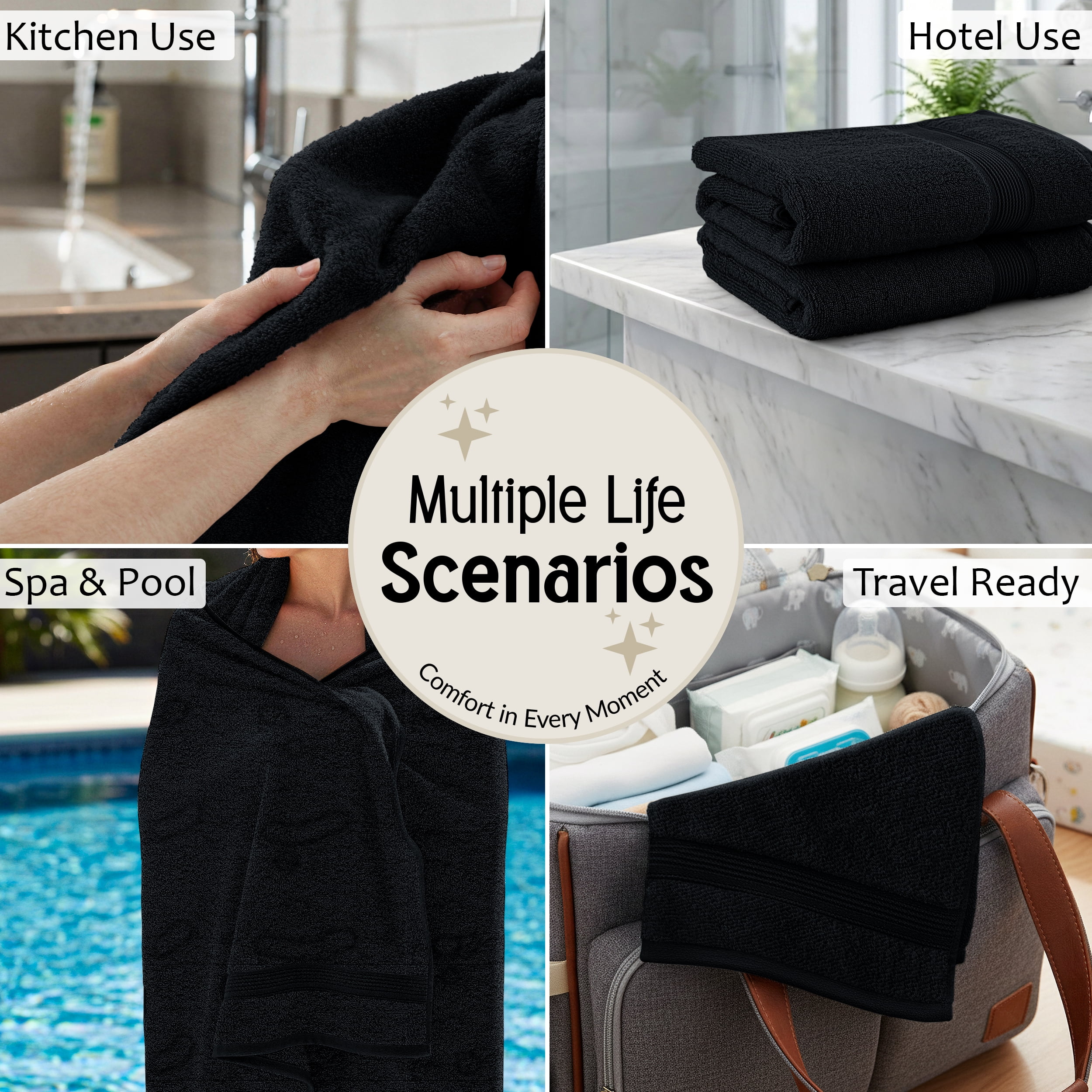 Lux Decor 6 Piece Bath Towel Set 525 GSM, 100% Cotton Towels for Bathroom, Spa & Hotels - Zero Twist 2 Large Bath Towels, 2 Hand Towels & 2 Washcloths – Quick Dry & Highly Absorbent - Black