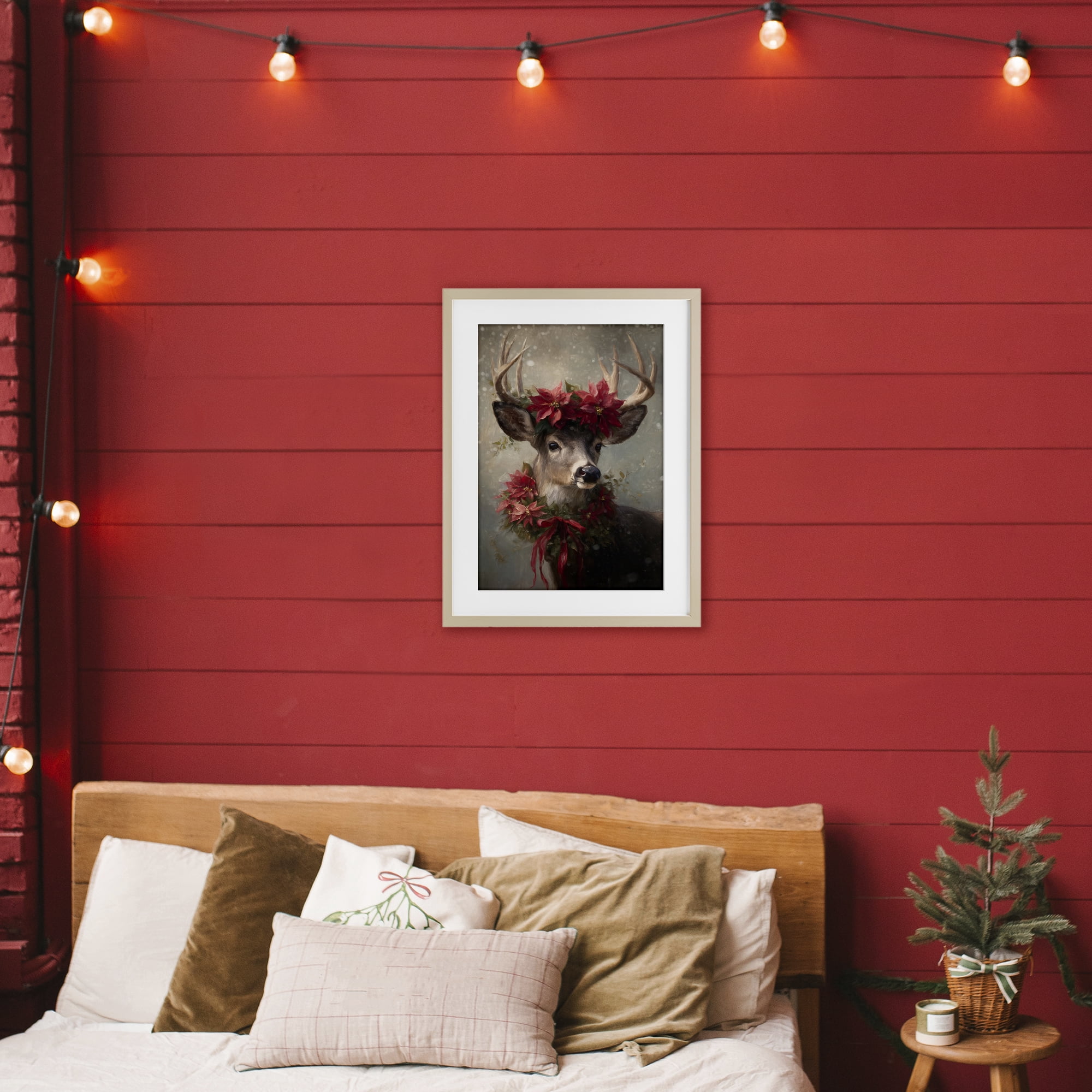 Stupell Industries Poinsettia Christmas Deer Birch Framed Print Under Glass, design by Tina LeCour