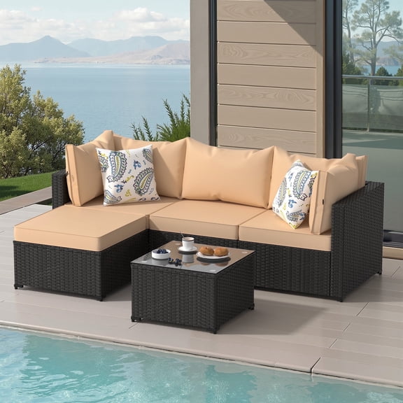 Phonjoroo 5PCS Patio Furniture Sets All Weather Outdoor Sectional Sofa Manual Weaving Wicker Rattan Outdoor Conversation Set with With Cushion And Glass Table, Khaki