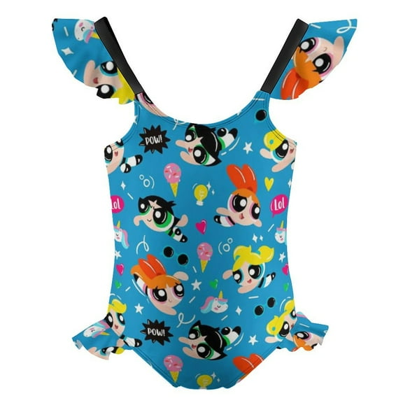 The Powerpuff Girls Girls Swimsuit Ruffle One-piece Beachwear Kids Cute Swimwear Summer Bathing Suit 6-7Y(110cm)