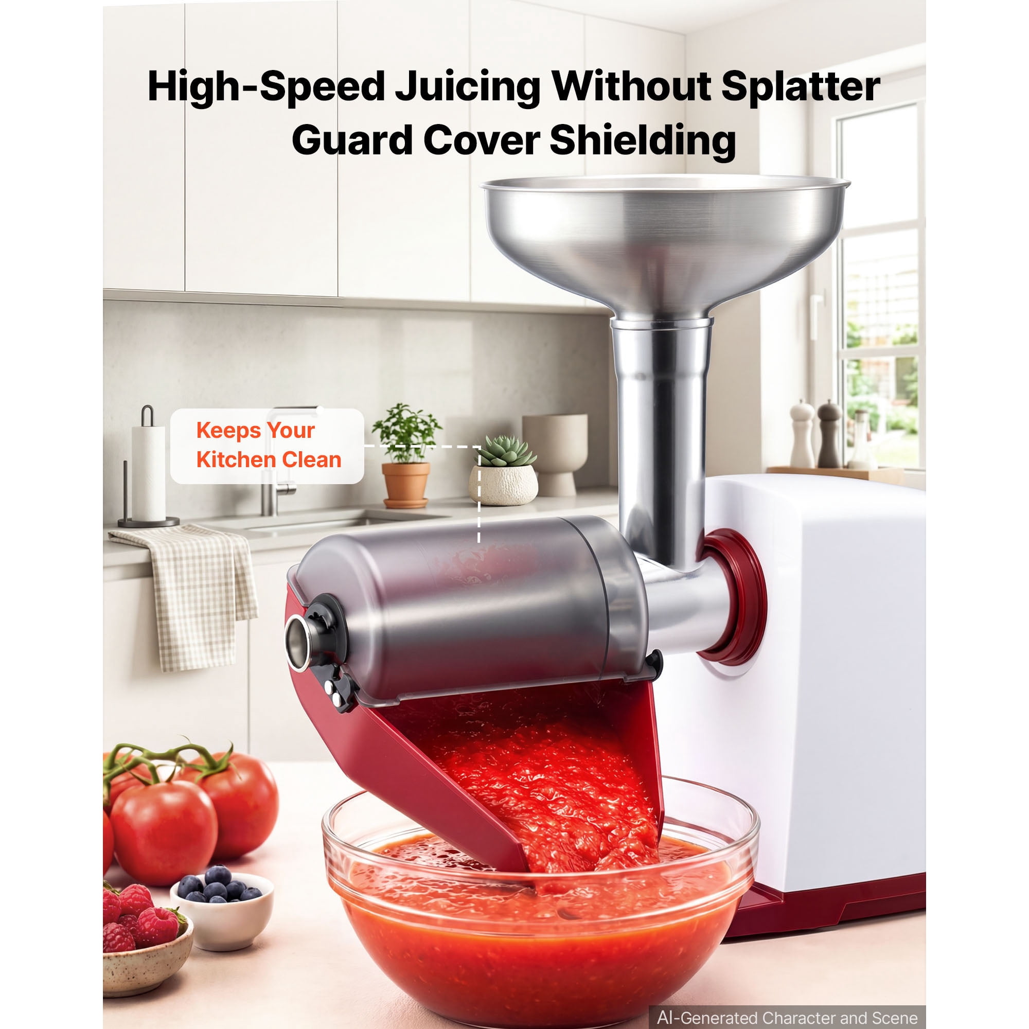 KFFKFF Electric Tomato Strainer 800W Max Sauce Maker, Processes 88 lbs/H for Purees, Strawberry, Salsa, Stainless Steel Tomato Food Mill Press Machine with 1mm, 1.5mm, 3mm & 6mm Screens, White