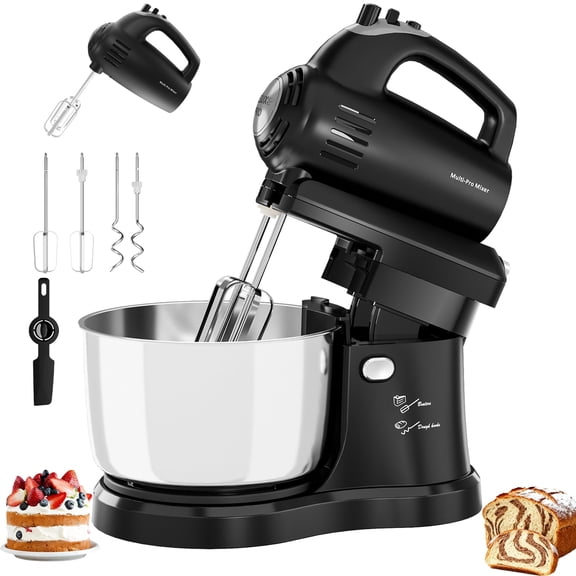 Vikaluz 2 in 1 Stand Mixer 3.2 QT 5-Speed Tilt-Head with Dough Hooks Hand-Held Converter Black White