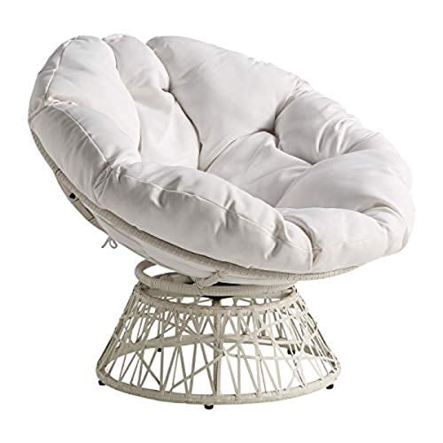 OSP Home Furnishings Fauteuil Papasan en Osier avec Pivot à 360 Degrés, Cadre Blanc avec Coussin Blanc