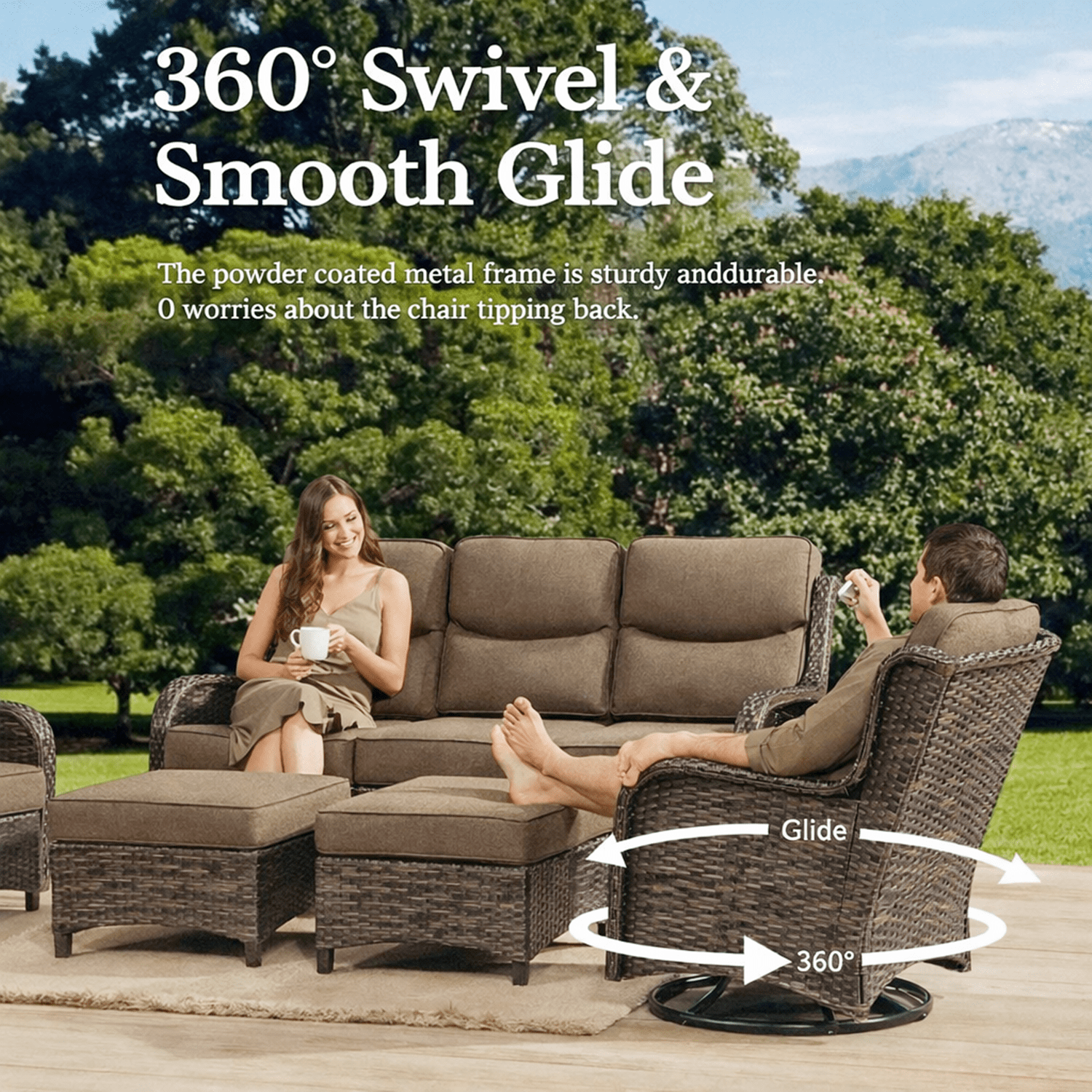 Bellefurn 6 Pieces Luxury Outdoor Patio Furniture Sets Outdoor Conversation Sets with Swivel Rocker Patio Chairs with 6" Thick Cushion,Sofa and Glass Coffee Table for Porch Deck Backyard Poolside