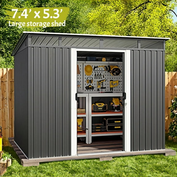 7’x 5’ Outdoor Storage Shed, Metal Storage Shed with Lockable Sliding Doors & Sloping Roof for Tool | Garbage Can | Bike | Mower, Dark Gray
