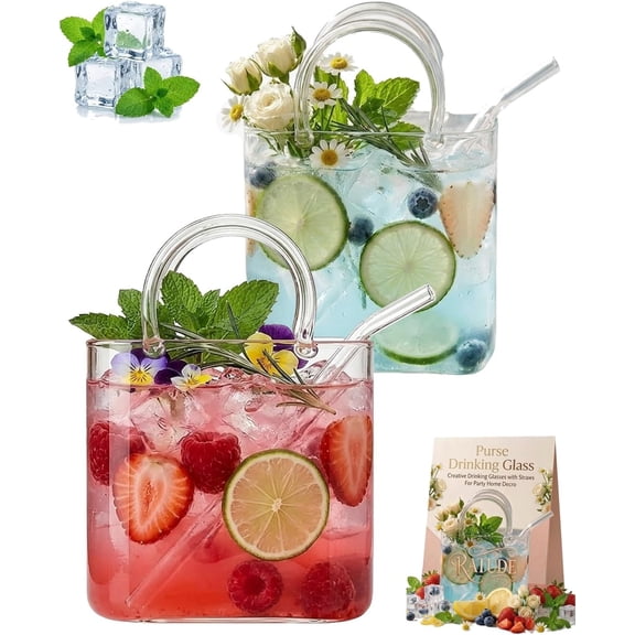 Handbag-Shaped Glass Cup with Straw, 26oz Purse Drinking Glass for Cocktails, Juice, Tea, Decorative Vase for Flowers, Cute Room Decor Gift for Women