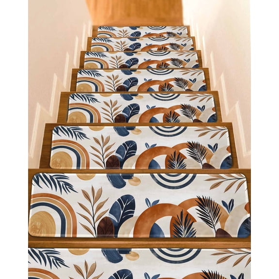 Stair Treads for Wooden Steps, Brown Nave Blue Boho Peel and Stick Stair Treads with Reusable Adhesive, Modern Geometric Botanical Non Slip Indoor Stairs Runner Rugs Mats for Elders Dogs 8"x30" 4PCS