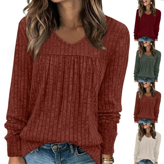 Horkkom Womens Sweaters V Neck Long Sleeve Pullover Sweaters Casual Solid Color Fall Sweaters L
