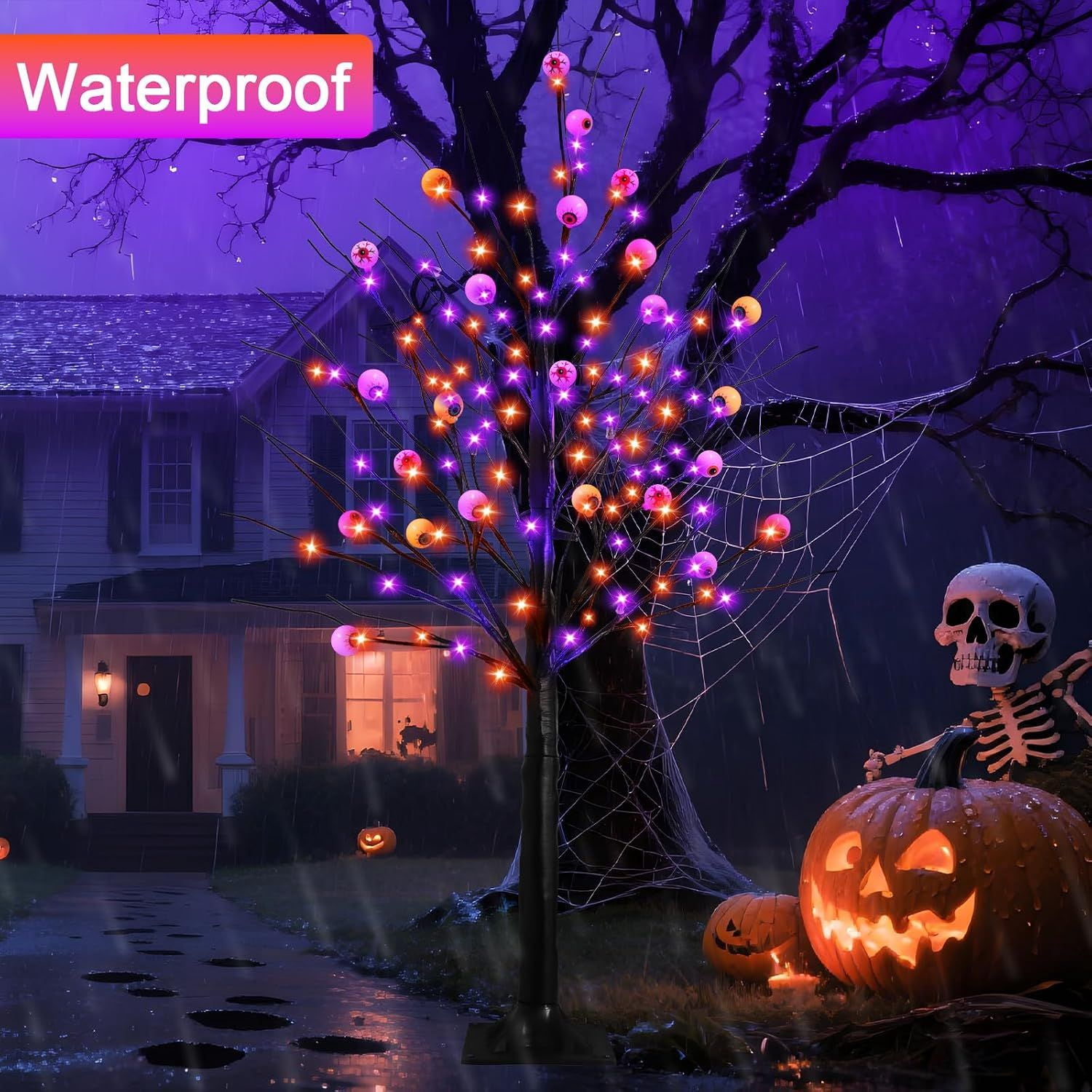 6FT Halloween Decorations Spooky Tree Lights, Large Black Trees with 144 Orange & Purple LEDs, Light up Artificial Tree with Time Function for Outdoor Indoor Home Party Decor