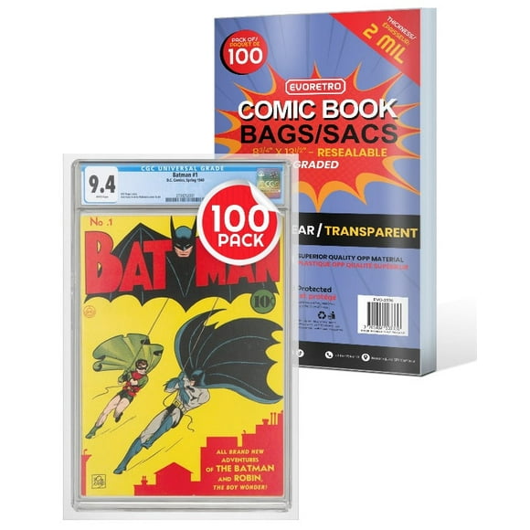 Sachets refermables EVORETRO (lot de 100) pour bandes dessinées classées – 2 mil d'épaisseur – Pochettes de protection robustes pour cartes de collection, de stockage et de collection