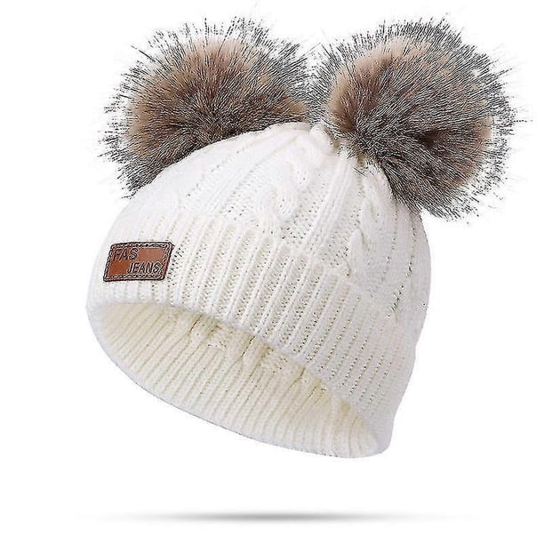 Gorro de lana para niño pequeño, gorro de punto con doble pompón y giro invernal, color rosa