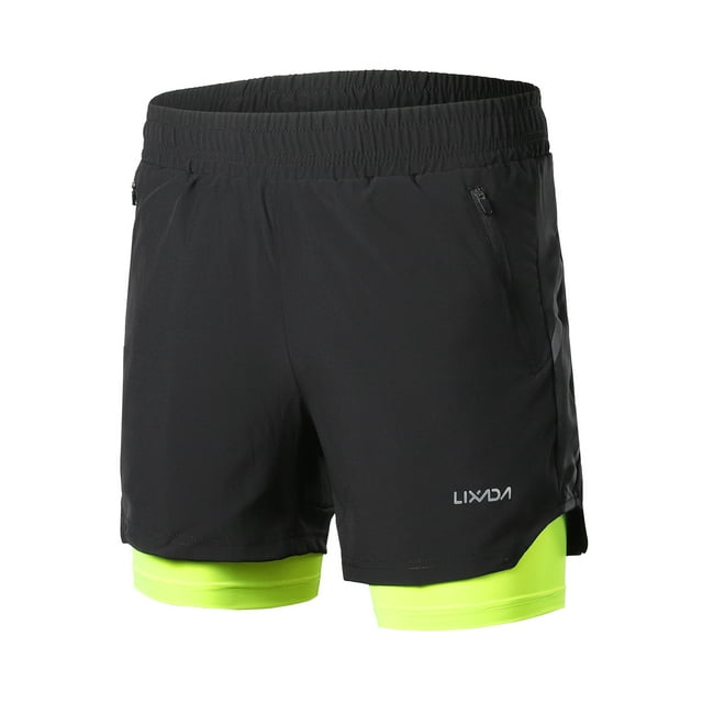 Lixada Men 2 in 1 Running Shorts Quick Drying Breathable Active Training Exercise Jogging Marathon Cycling Shorts Black & Green XL