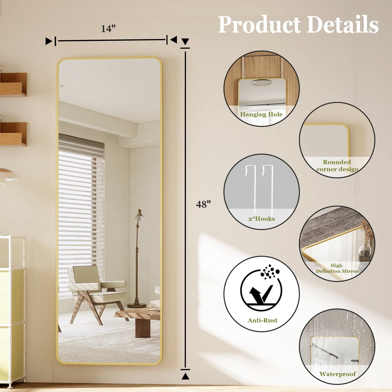 AnyRose Full Length Mirror 14" x 48" Over The Door Mirror, Aluminum Alloy Large Hanging Mirrors, Wall Mounted Body,Gold