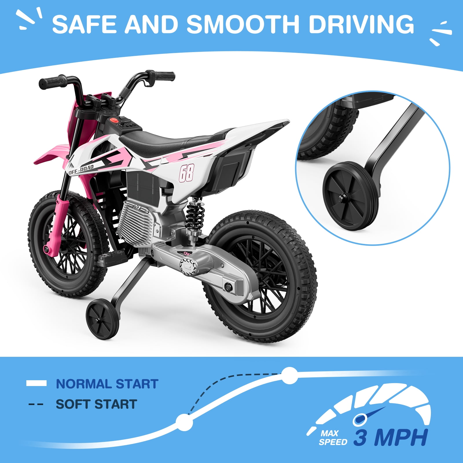 LIGIANT Kids Ride-On Motorcycle 12V Training Wheels Bluetooth Pink