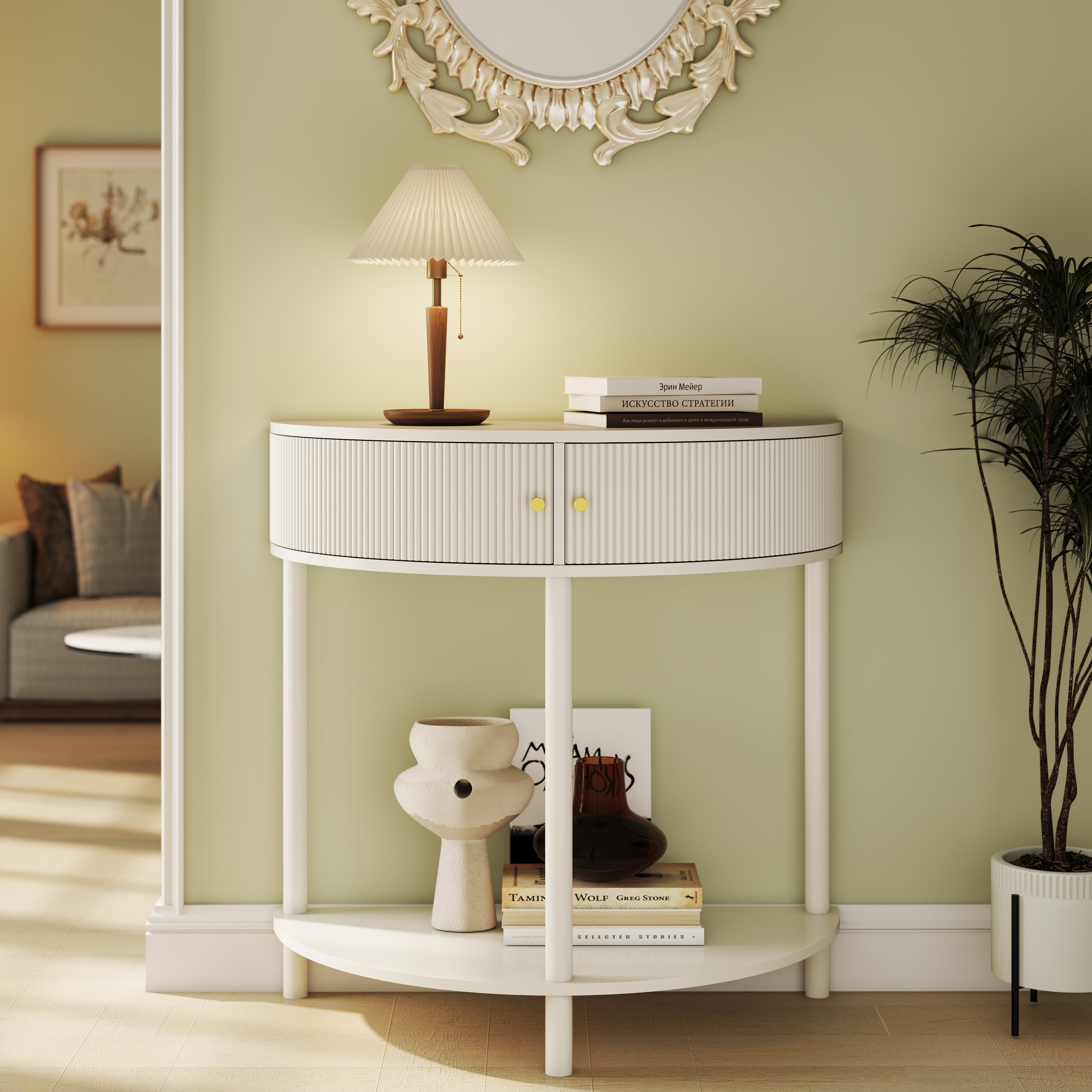 Console Table, End Table, Wave-Pattern Demi-Lune Design with 2 Storage Drawers and Bottom Shelf for Hallway or Bedroom, Cream White