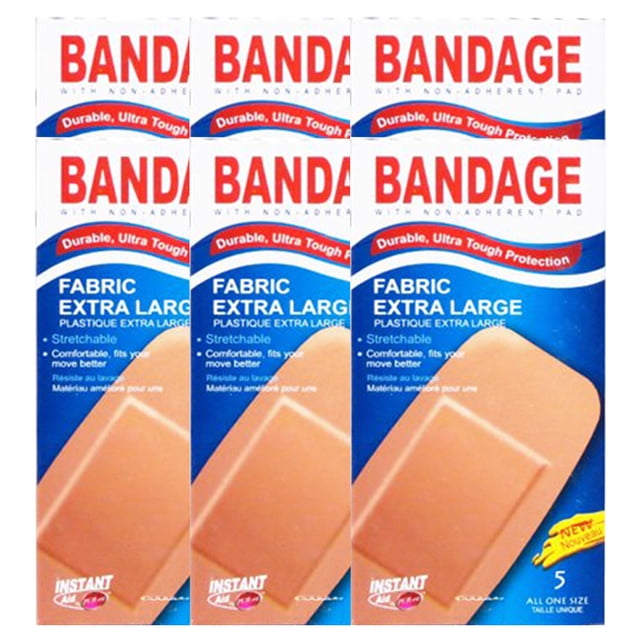 Instant Aid Fabric Extra Large Bandage (5 In 1 Pack) by Purest, featuring six packs of durable, tan-colored fabric bandages with a hurt-free pad for gentle removal. Designed with air channels for superior breathability and a flexible memory-weave fabric that moves with you, these first aid supplies provide protection for minor cuts and scratches. Packaging highlights the stretchable and ultra-tough design.