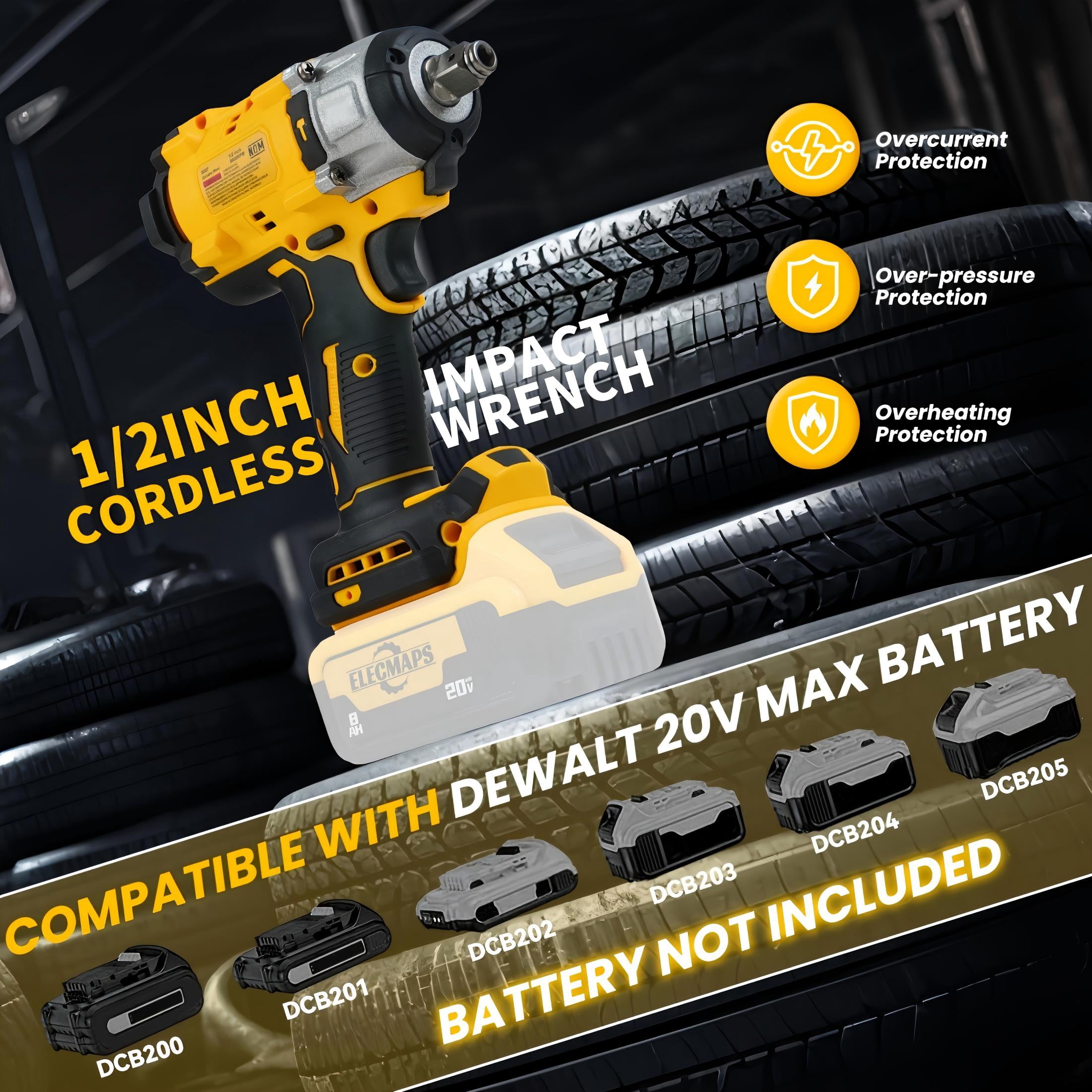 ELECMAPS Power Impact Wrench 1/2" 430N.m for Vehicle Maintenance & Home Repair, Compatible with Dewalt 20V Battery (Battery Not Included)