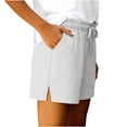 thumbnail image 5 of Womens Cotton Linen Shorts Summer Solid Color Elastic Waist Drawstring Side Split Shorts Summer Vacation Bermuda Shorts, 5 of 6