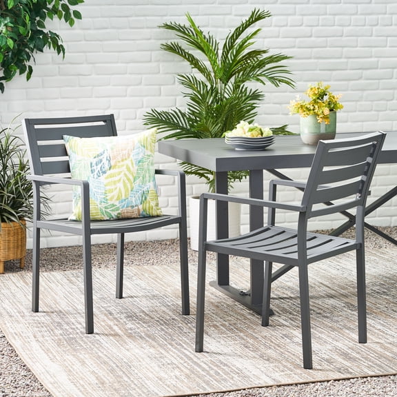 LifeSky Outdoor Dining Chairs Set of 2 Aluminum Modern Patio Chairs for Backyard Deck: Rust-Proof Frame for Summer BBQs - Slatted Design for Airflow - Armrests Included - Gun Metal Gray