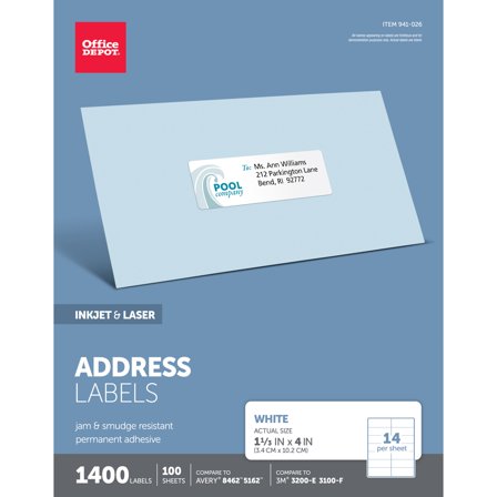 Office Depot White Inkjet/Laser Address Labels, 1 1/3in. x 4in., Pack Of 1,400, 505-O004-0019