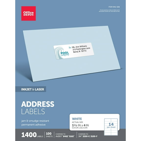 Office Depot White Inkjet/Laser Address Labels, 1 1/3in. x 4in., Pack Of 1,400, 505-O004-0019