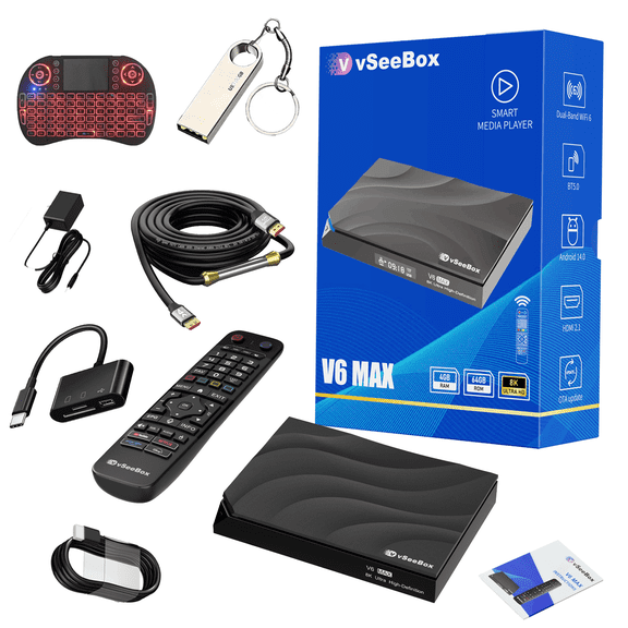 2026 vseebox v6 max, 8K HDMI cable, Android 14 4GB RAM, 64GB Storage, Voice Control |WiFi6