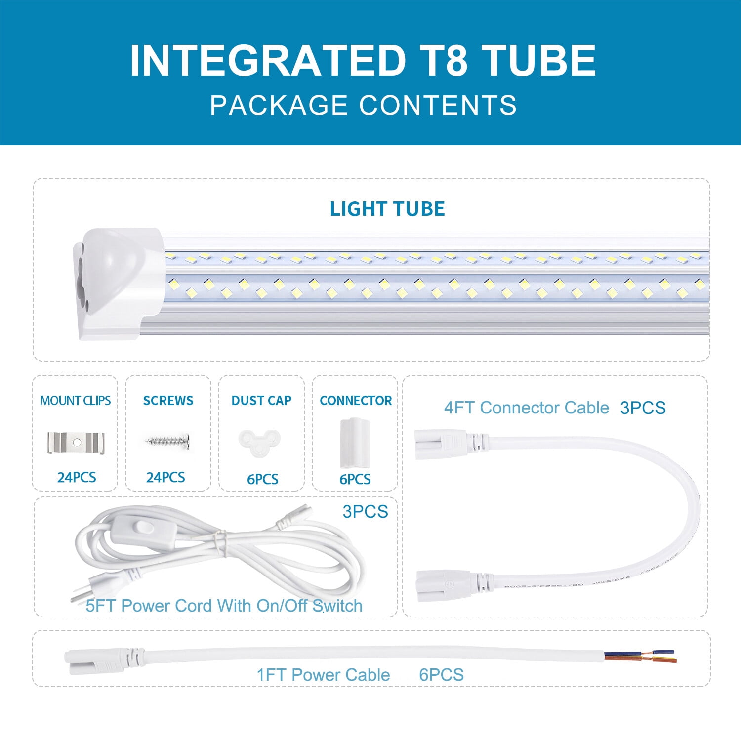 6PCS 120W 8' LED Tube Light Garage Bulbs T8 Linkable 8FT LED Shop Light Fixture