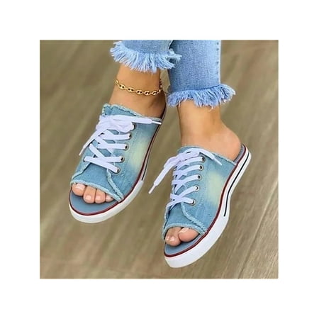 

UKAP Women Summer Peep Toe Sandals Denim Canvas Slides Casual Shoes Outdoor