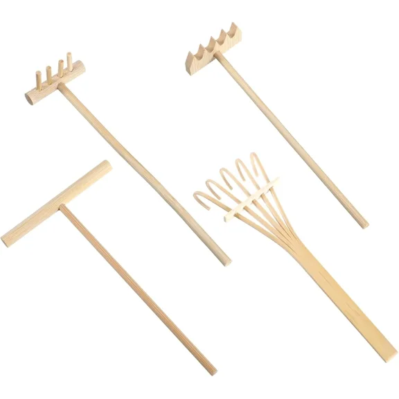 PURELY- 4 Pack Mini Rake Bamboo Zen Garden Tools, Small Sand Rake