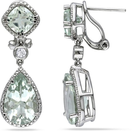 10-1/10 Carat T.G.W. Green Amethyst and Created White Sapphire Sterling Silver Clip-Back Teardrop Earrings