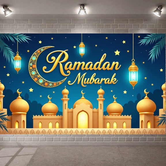 Golden Calligraphy Ramadan Banner Blue Night Sky Islamic Backdrop Ornate Crescent Moon Illuminated Lanterns Mosque Scene Display for Ramadan Celebration Family Gathering Religious Ceremony